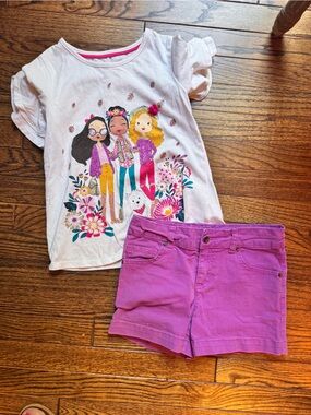 Girls Fuscia Shorts & Graphic Tee Set - Floral Friends